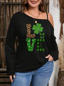 SHEIN LUNE 大码女装喜爱圣帕特里克节图案单肩吊带T恤 - 黑色 - 查看 3