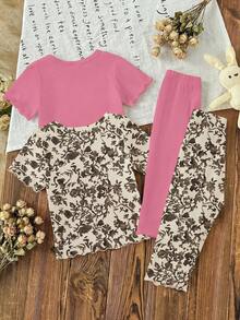 4件套女婴纯粉色圆领短袖上衣和碎花柔软针织裤舒适睡衣套装 - 彩色 - 查看 2