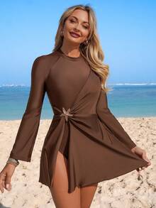 Swim Mulvari Women's Solid Color Metal Decor Long Sleeve Flare Sleeve Zipper Burkini, Suitable For Beach Vacation - Brown - View 5