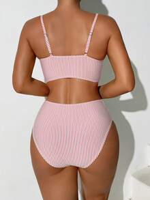 SHEIN Swim 条纹印花荷叶边吊带泳衣 - 粉色 - 查看 2