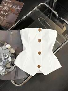 Franclia Women's Elegant Floral Button Decor Camisole Top, Summer - White - View 5