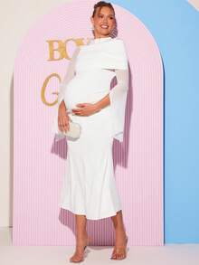 Loomaby Maternity Solid Color Ruched Split Long Sleeve Elegant Dress,Gender Reveal Baby Shower Spring Outfit Women , Break Outfits - White - View 12