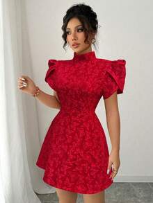 Elenzga 女士复古红色纹理面料泡泡袖优雅高领露背蝴蝶结撞色镂空腰部修身独特设计迷你连衣裙，夏季 - 紅色 - 查看 6