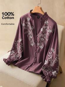 Elaquor Plus Size Women Floral Embroidery Frill Trim Button-Up Casual Shirt - Dusty Purple - View 7
