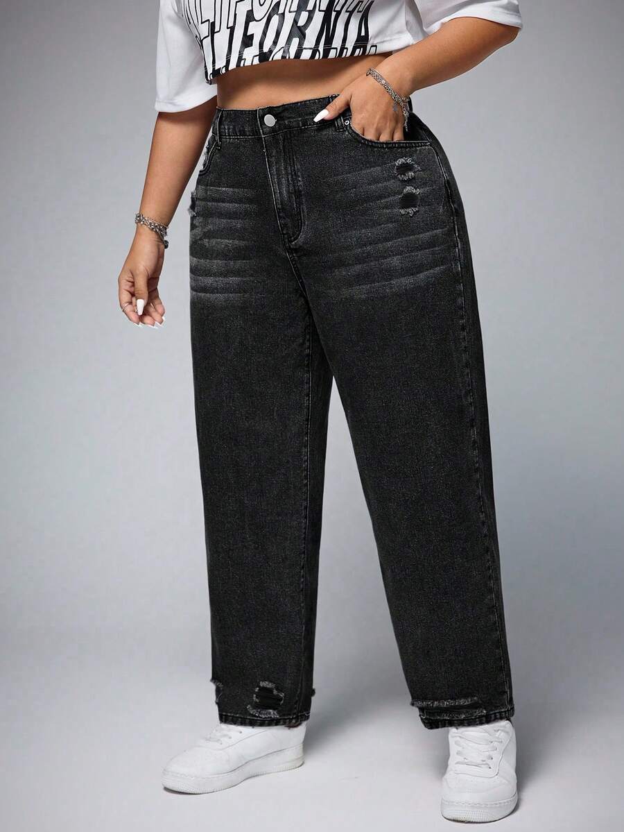 SHEIN ICON Jeans ajustados casuales de talle alto con bolsillos y desgastados para mujer de talla grande - Negro - Ver 1