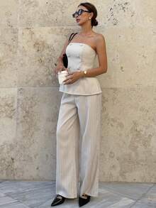 Siren Gaze 新款休闲通勤条纹抹胸上衣和裤子套装 - 杏色 - 查看 4