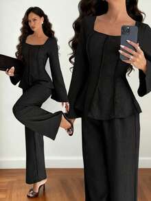 Siren Gaze Women's Solid Color Square Neck Flare Sleeve Top And Pants Suit, New Autumn Set - Black - View 7