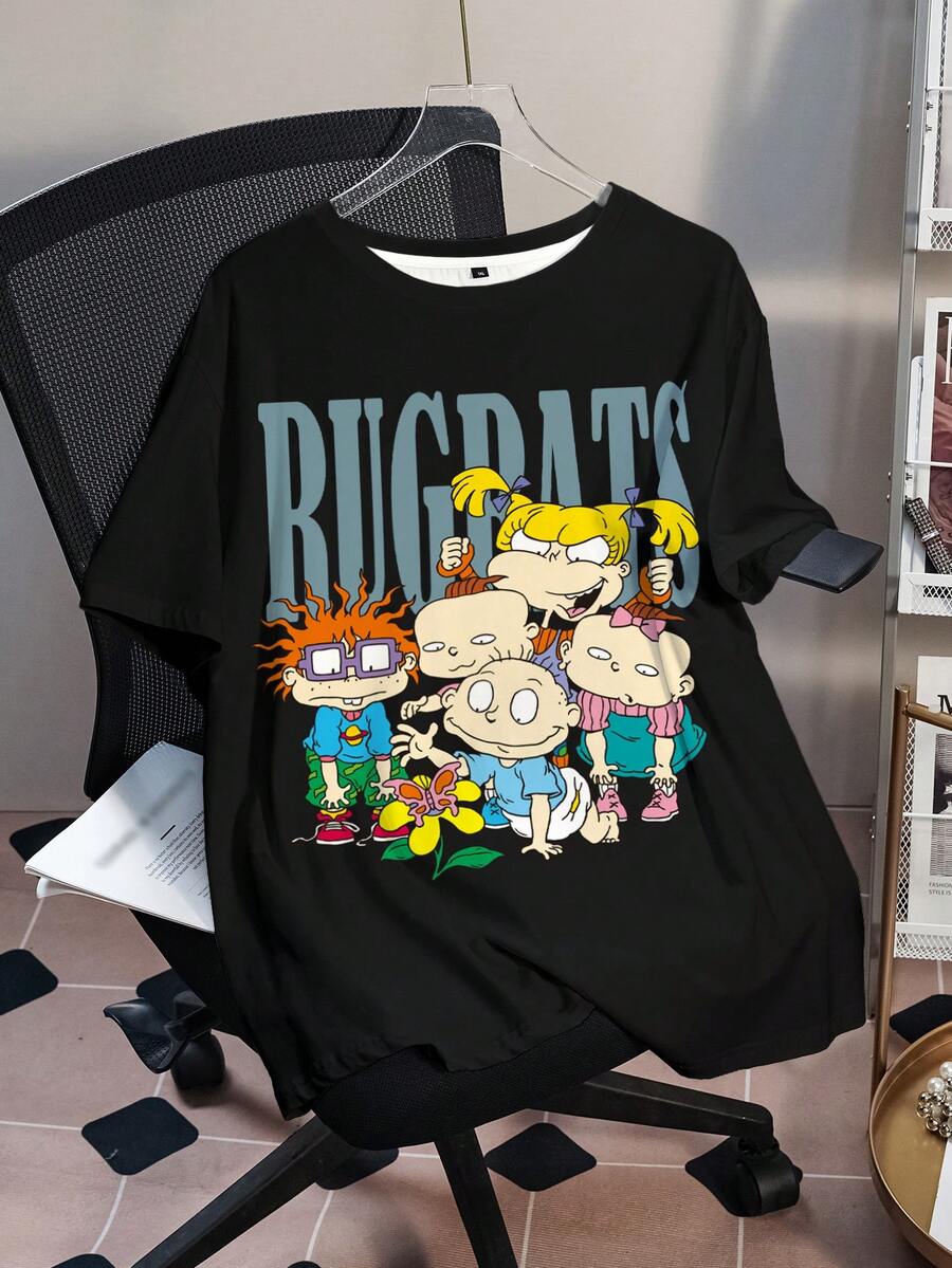 Nick 90s | SHEIN 大码女式休闲街头日常通勤趣味卡通字母印花宽松T恤，夏季 - 白色 - 查看 1