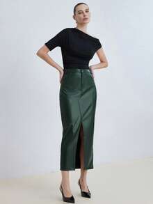 Aveloria Modichic 女士纯色高腰口袋开衩下摆时尚PU皮中长裙 - 墨綠色 - 查看 6