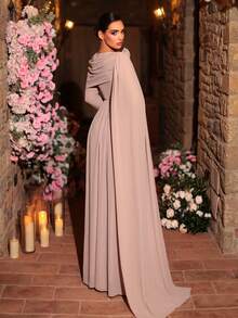 Glamrae Elegant Pearl Chiffon Draped Collar Splice Long Sleeve Dress, Extra Long Cascading Shoulder Flounce, 3D Floral Shoulder, Oversized A-Line Skirt, Suitable For Weddings, All Formal Occasions, Bridesmaid Dress - Dusty Pink - View 2