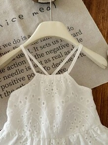 SHEIN One-Piece Cute Baby Girl Casual/Spring/Summer White Embroidery Halter Backless Dress For Teen Girls,White Graduation Dress,Summer Clothes,Sun Dress,Bohemia,Vacation Dress - White - View 6