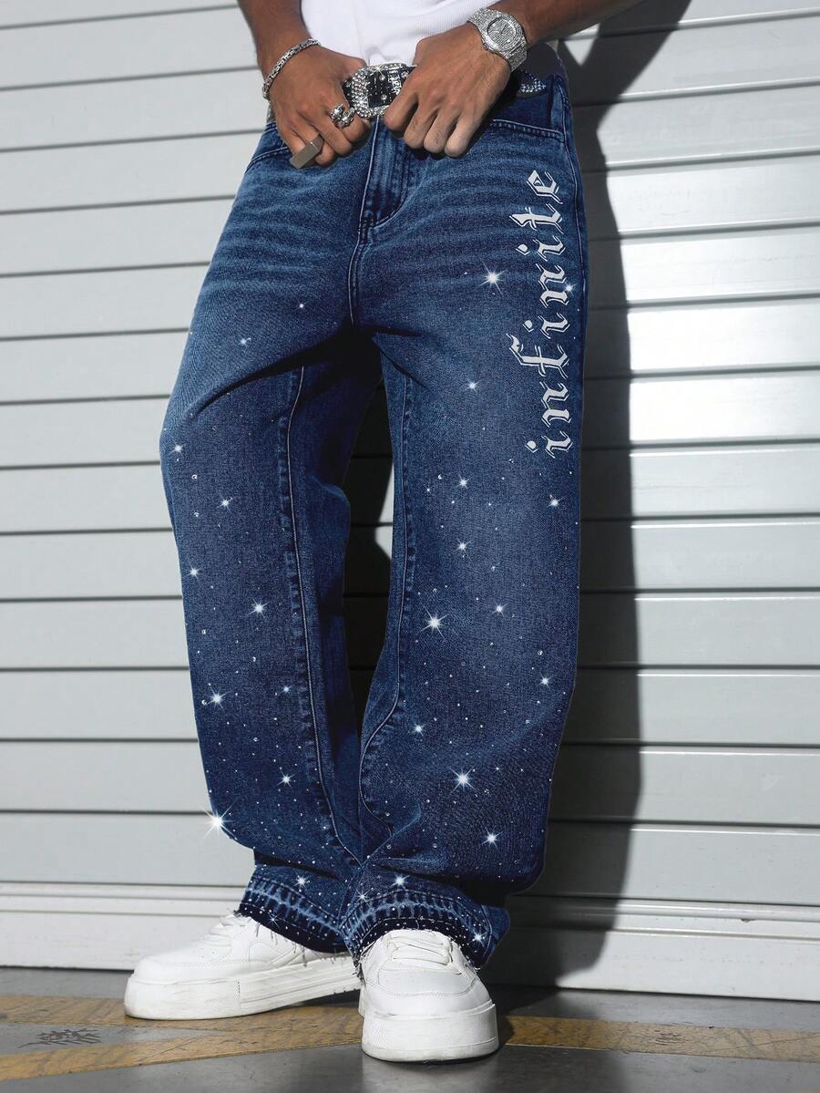 Manfinity EMRG Men's Street Style Rhinestone Print Wide-Leg Denim Pants - Dark Wash - View 1