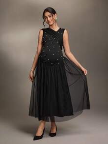 Cheriluna Maternity Đầm không tay màu trơn đính cườm và ruy băng dành cho bà bầu - màu đen - Xem 3