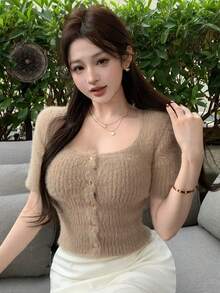 FRIFUL 女士方领紧身开衫毛衣 - 杏色 - 查看 8