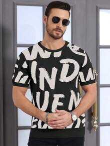 Claim Dot 男士圆领撞色短袖休闲时尚针织衫 短袖T恤 圆领T恤 针织T恤 男士字母印花T恤 黑白印花T恤 - 黑色 - 查看 6