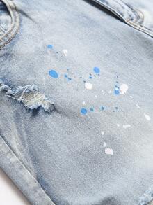 Manfinity Roghcode Men's Fashionable Printed Distressed Washed Jeans, Plain Slim Fit Long Washed Baby Blue Cargo Jeans, For Husband, Boyfriend Gifts, Ripped Jeans Men, Splatter Paint Jeans, Hip Hop Jeans - Light Wash - View 5