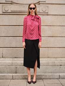 Lumivelle 女士波点印花优雅系领泡泡袖衬衫 - 紅色 - 查看 4