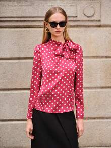 Lumivelle 女士波点印花优雅系领泡泡袖衬衫 - 紅色 - 查看 5
