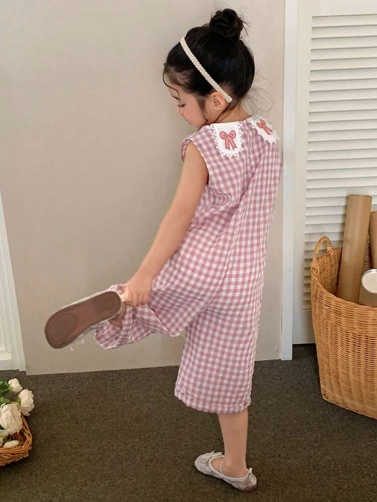 Young Girl Summer Casual Plaid Bow Embroidery Jumpsuit