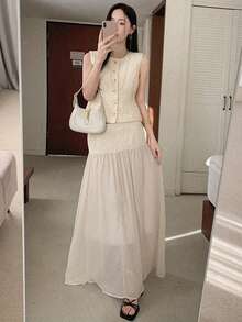 DAZY 女士纹理无袖背心和长裙两件套休闲度假套装家居服套装 - 杏色 - 查看 4