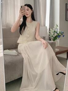 DAZY 女士纹理无袖背心和长裙两件套休闲度假套装家居服套装 - 杏色 - 查看 5