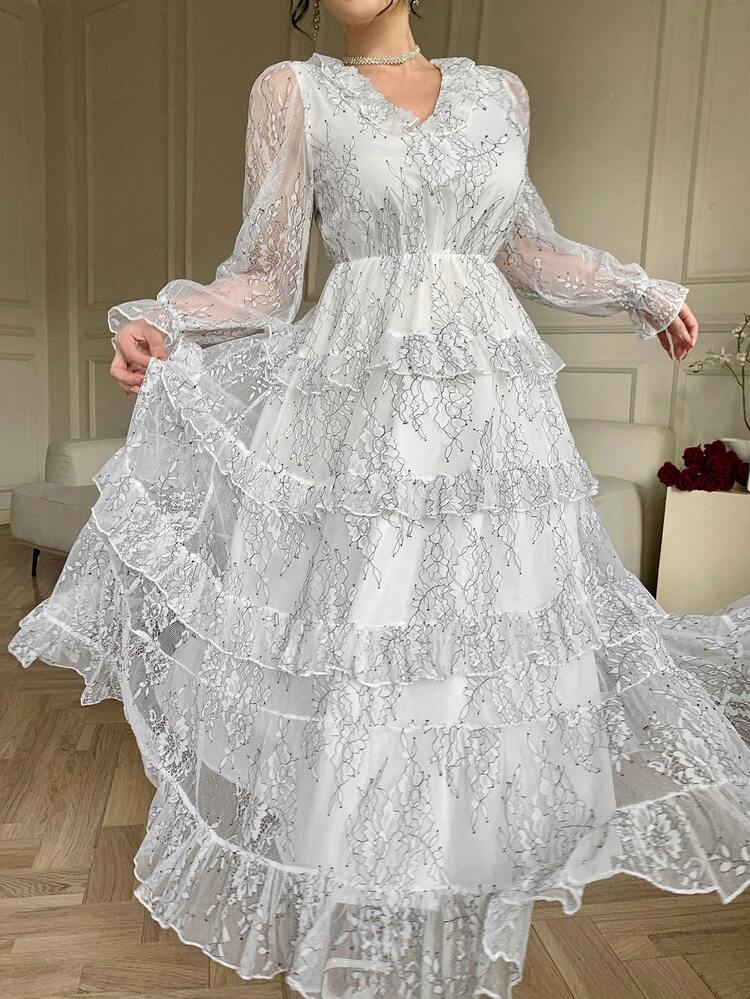 Women's V-Neck Floral Embroidery Waist Cinched Dress, Elegant Sundress