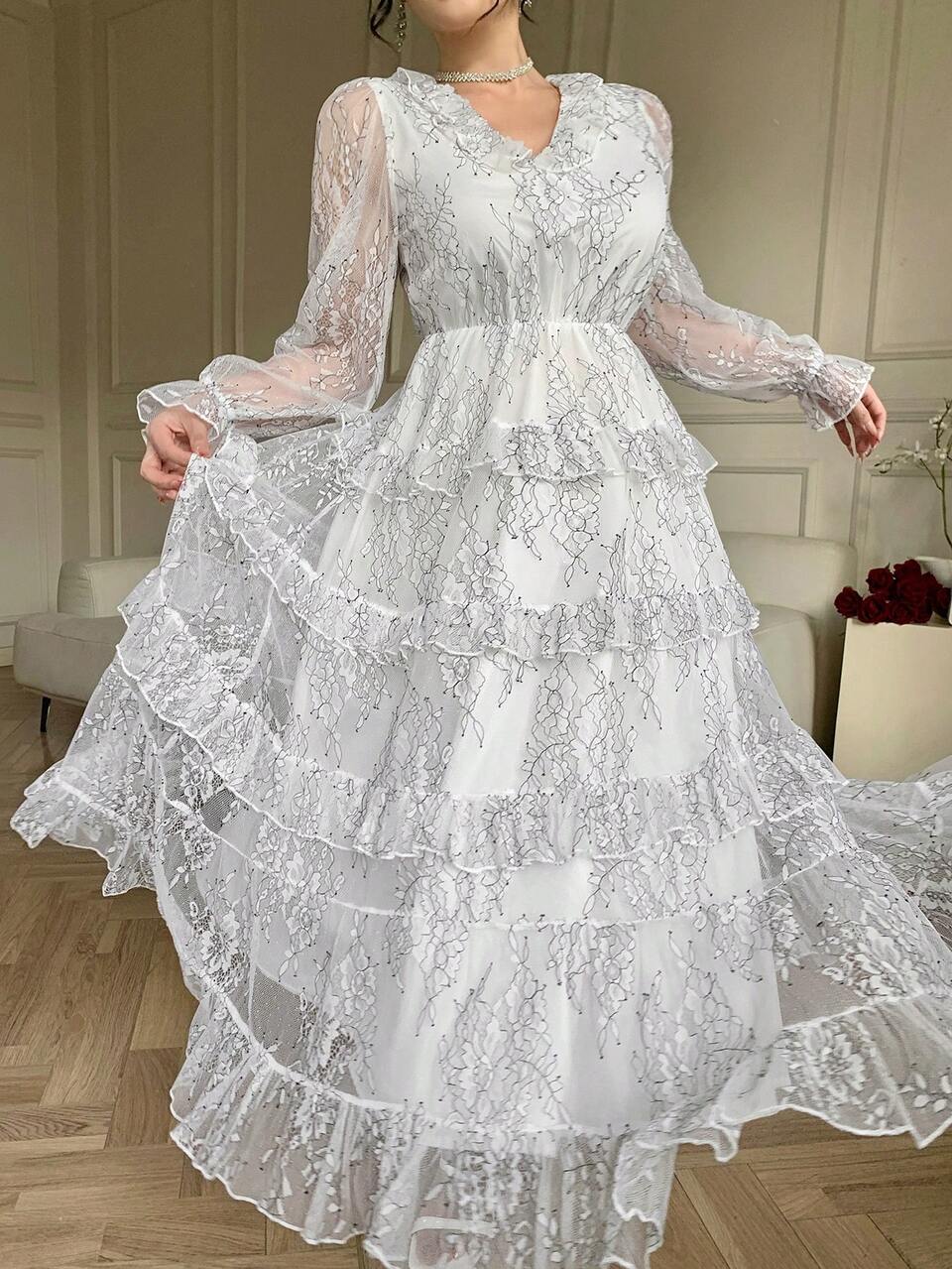 Women's V-Neck Floral Embroidery Waist Cinched Dress, Elegant Sundress