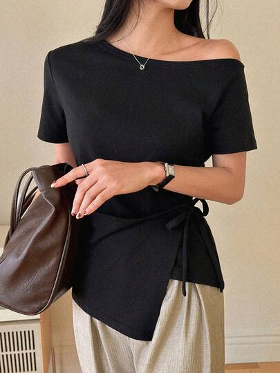 DAZY Women's Summer Asymmetrical Shoulder Tie-Side Short Sleeve Casual T-Shirt