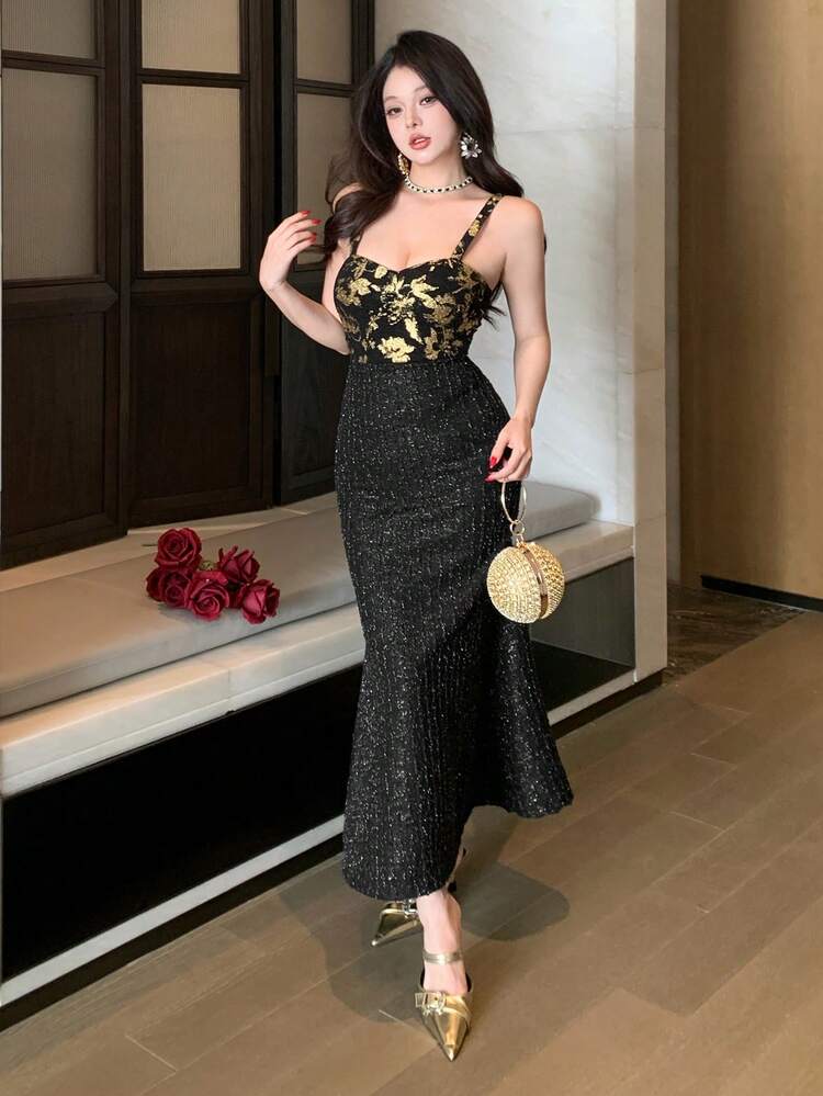 Women's Floral Print & Fabric Patchwork Elegant Mermaid Dress Sundress