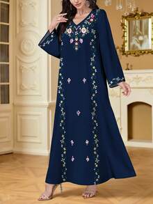 SHEIN Najma Women's Retro Floral & Botanical Digital Print V-Neck Long Sleeve Elegant Arabic Style Dress, Spring/Summer - Multicolor - View 4