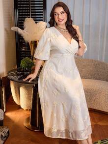 Modelyn 大码女式刺绣收腰半袖雪纺优雅派对连衣裙 - 杏色 - 查看 4