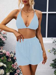 Breezaya 3pcs Women's Mesh Front Opening Long Sleeve Set - Baby Blue - View 4