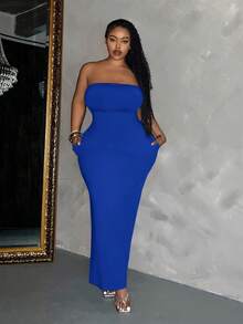 Slaydiva 加大码性感宝蓝色长款修身针织连衣裙，无袖抹胸铅笔裙摆性感蓝色连衣裙 - 寶藍色 - 查看 5