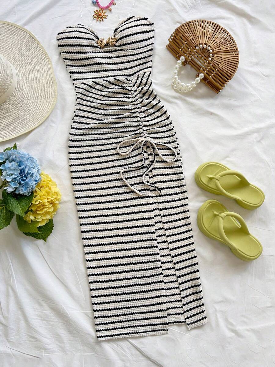 Soleia 新款优雅度假风无肩带贝壳扭结抽绳开衩长裙，春夏款 - 彩色 - 查看 1