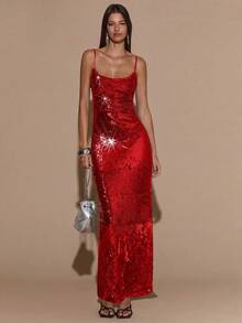 SHEIN BAE Đầm ôm sát không tay màu nâu cà phê mùa thu, đính sequin, thích hợp cho các bữa tiệc, sự kiện, tiệc chiêu đãi, tiệc cocktail và những buổi tối đi chơi. - Đỏ - Xem 1