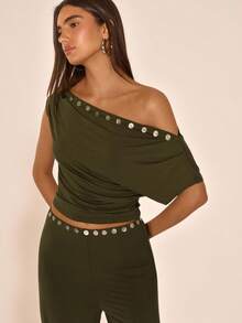 SHEIN BAE 女士纯色亮片装饰不对称肩部时尚百搭约会之夜蝙蝠袖T恤 - 軍綠色 - 查看 8