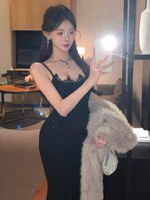 DAZY Đầm maxi nữ đính sequin ren, thắt eo, chất liệu mềm mại. - màu đen - Xem 6