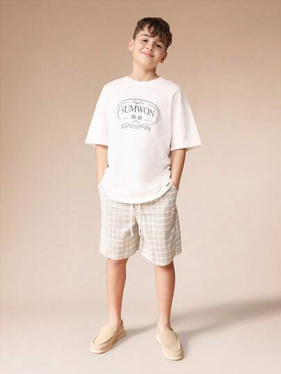 SUMWON Oversized White Crew Neck T-Shirt And Plaid Shorts Co-Ord Set Summer Casual Short Sleeve Tee With Checkered Print Bottoms Boys Fashion Set