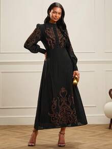 Lilora Women's Elegant Embroidered Puff Sleeve Button Design Dress - Black - View 6
