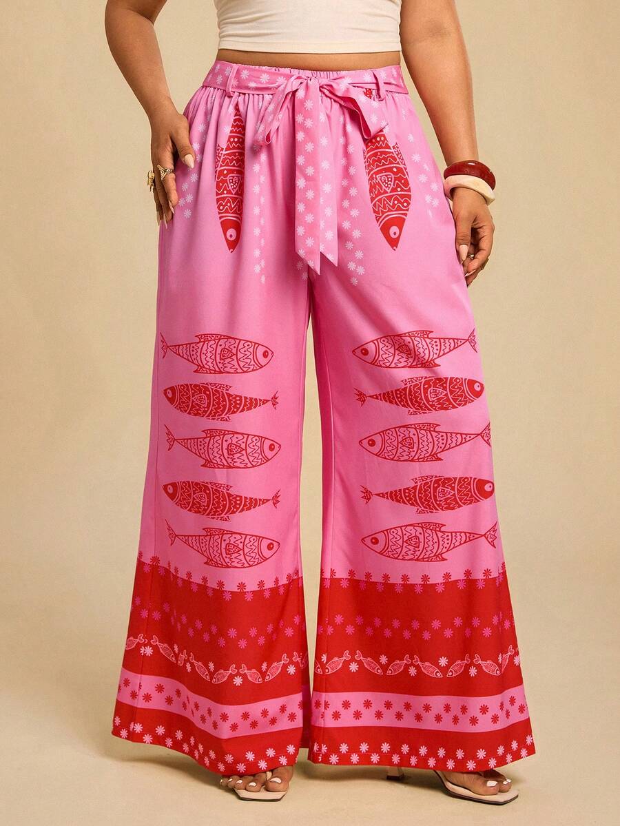 Travachic 加大码全印花系带阔腿夏季裤 - 玫紅色 - 查看 1