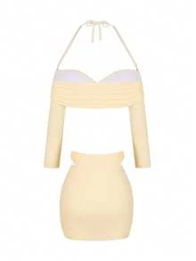 Bonvoyette 3pcs Women's Sexy Halter Long Sleeve Textured Bubble Fabric Crop Top & Ruffle Skirt Swimsuit Set, Ocean Metallic Accents, Suitable For Beach, Party, Summer - Apricot - View 3