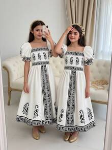 SHEIN Tween Girls Elegant Ruched Floral Print Puff Sleeve A-Line Dress,Black And White,Summer Party,Casual Vacation Family Gathering Daily Commute Dress - Apricot - View 2