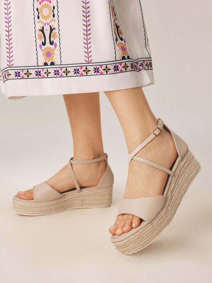 Sandálias Anabela de Plataforma Casual de Cor Sólida Tecida Styleloop para Mulheres, Sandálias Anabela de Lona com Tira no Tornozelo Estilo Retrô Boêmio de Férias, Sapatos de Primavera e Verão para Primavera, Páscoa - Damasco - Visão 1