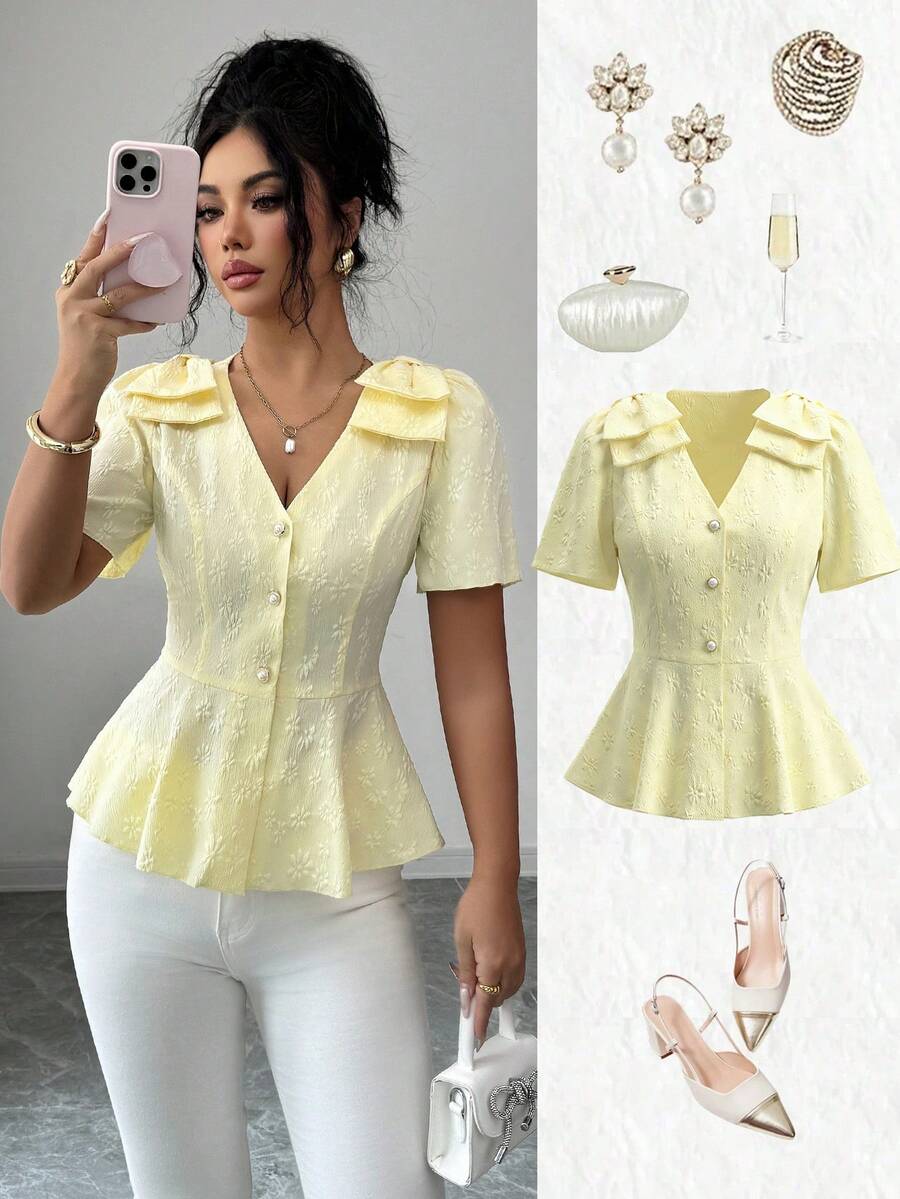 Elenzga Áo kiểu nữ màu vàng họa tiết hoa, chất liệu vải jacquard dệt nổi, cổ chữ V, cài cúc phía trước, điểm nhấn là cúc ngọc trai và dây thắt eo hình nơ. - Màu vàng - Xem 1