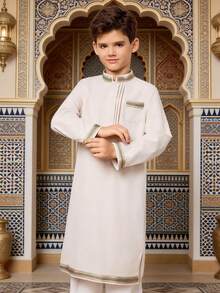 SHEIN 男童休闲日常舒适圆领半开襟长款纯色衬衫 - 杏色 - 查看 4