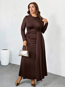 Firerie Đầm dài tay thanh lịch dành cho nữ cỡ lớn, kiểu dáng bất đối xứng, bèo nhún vai, eo chun, thích hợp cho mùa xuân, hè, thu và đông. - màu nâu - Xem 6