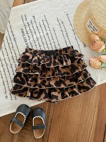 SHEIN Pantalones cortos con volantes y cintura elástica con estampado de leopardo lindo para bebé niña, versátiles para el verano, pantalones cortos con volantes para bebé niña con estampado animal, ropa de bebé niña con estampado de leopardo, pantalones cortos con volantes con estampado de leopardo para bebé niña - Marrón - Ver 3