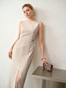 MOTF PREMIUM ELEGANT FITTED SLIT SPLIT THIGH MIDI DRESS, SPRING/SUMMER - Khaki - View 6