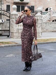 Melissa Matos Women Elegant Leopard Print Mesh Ruched Bodycon Dress Fall Cloth For Women - Brown - View 5
