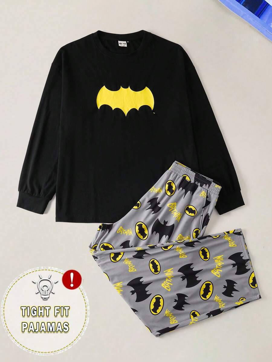BATMAN X SHEIN Plus Size Men's Comfortable Bat Print Long Sleeve Top And Pants Pajama Set, Autumn - Black - View 1